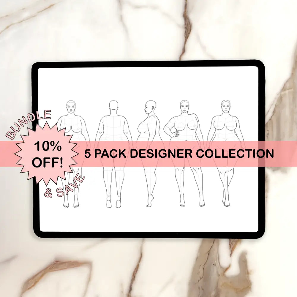 Plus size Fashion Figure Croquis Template all 5 poses shown as bundled pack front view symmetrical, back view symmetrical, side view, hand on hip pose, catwalk pose