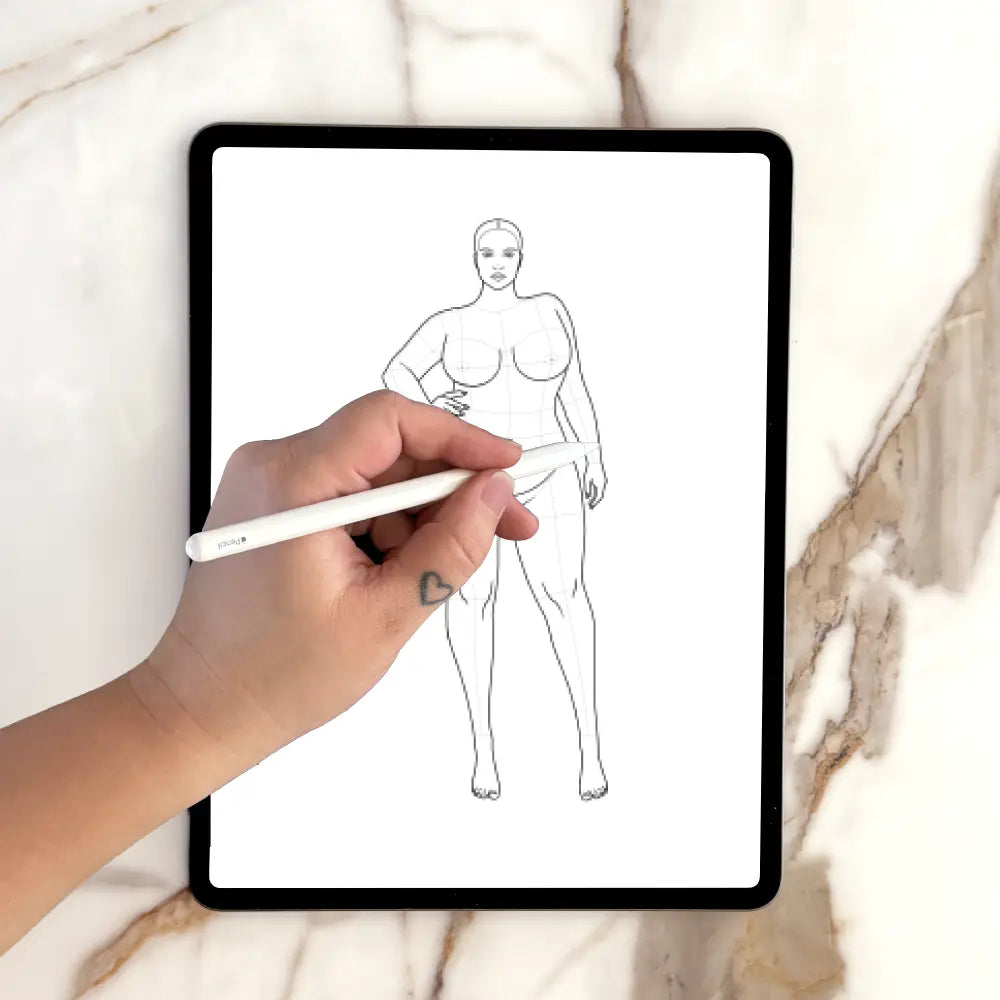 Plus Size Fashion Figure Croquis Template Posed Front view example with right hand on hip and left leg slightly shifted out