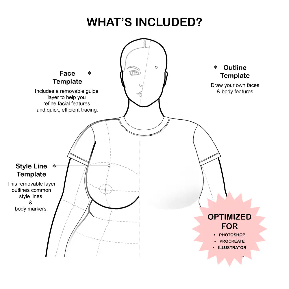 Fashion Figure Croquis Template with text call outs of what's included also listed in the product description 