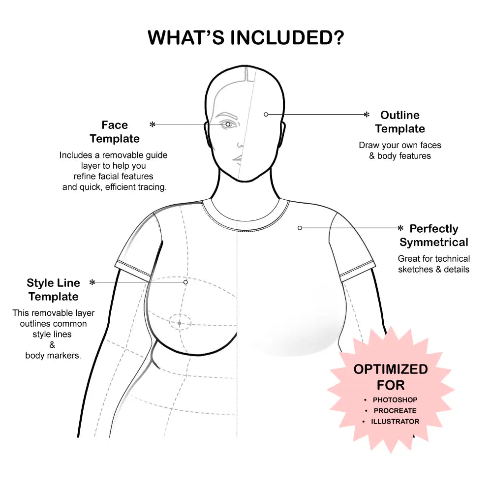 Fashion Figure Croquis Template with text call outs of what's included also listed in the product description 